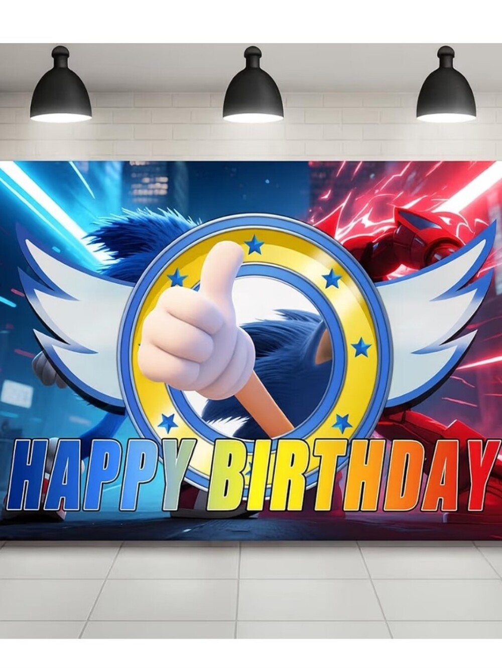 Sonic Themed Happy Birthday Backdrop - Blue & Yellow
